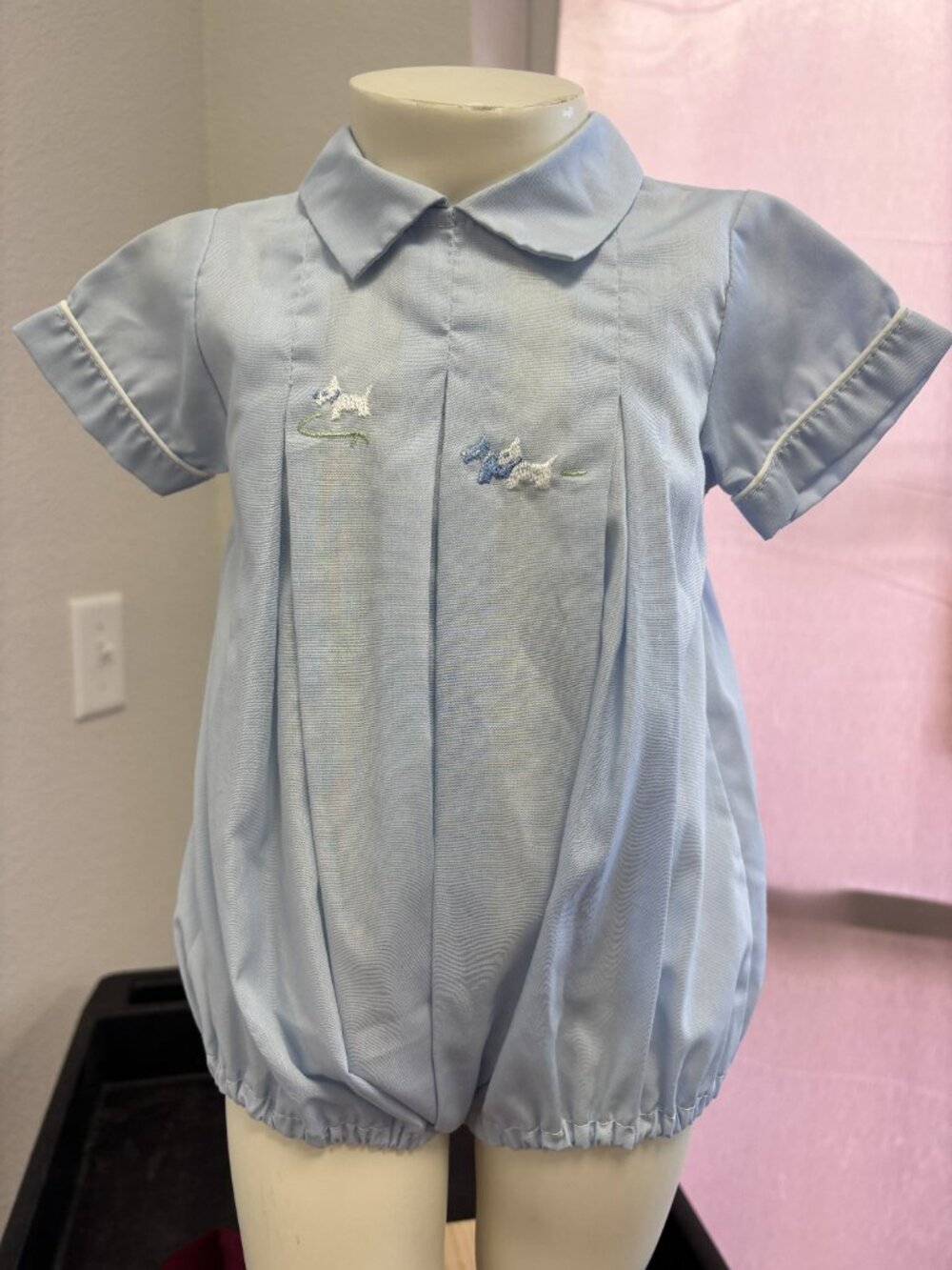 Olexis 3M Blue Scottie Dog Bubble Romper | Heirloom Baby Boy | Peter Pan Collar
